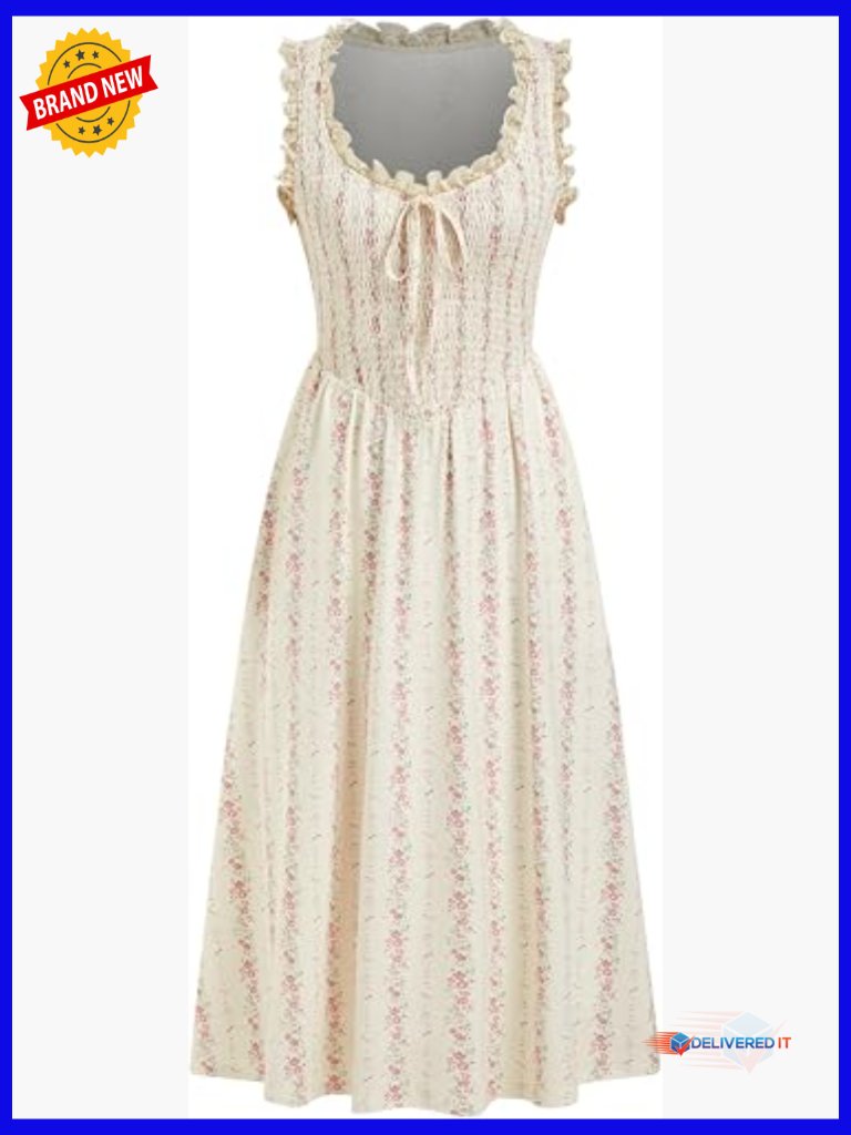 Floral Smocked Midi Dress Sleeveless A Line Square Neck Lace Sundress Wedding